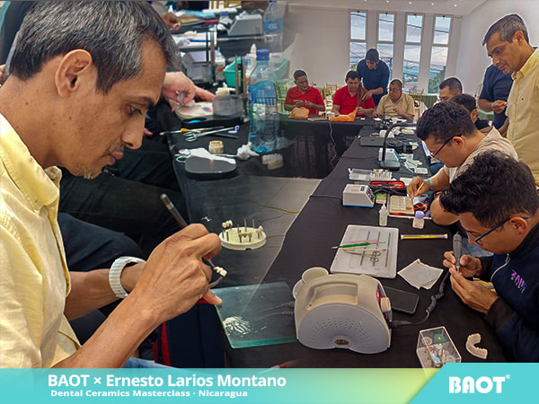 Dental technicians practicing porcelain layering with BAOT Dental Porcelain Powder during masterclass in Nicaragua Dental technicians practicing porcelain layering with BAOT Dental Porcelain Powder during masterclass in Nicaragua